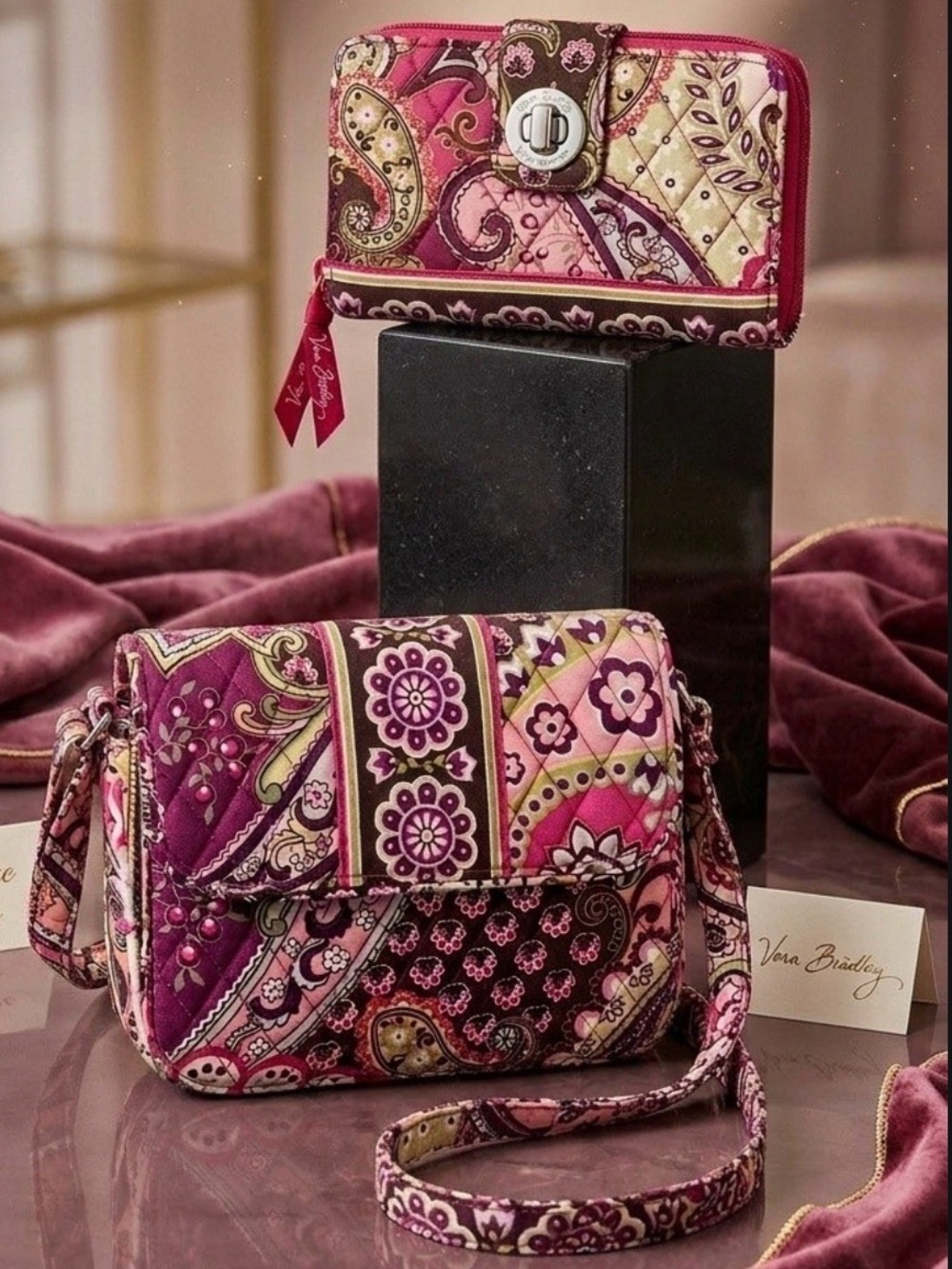 Vera Bradley Pink Multi Paisley Quilted Crossbody with Matching Wallet